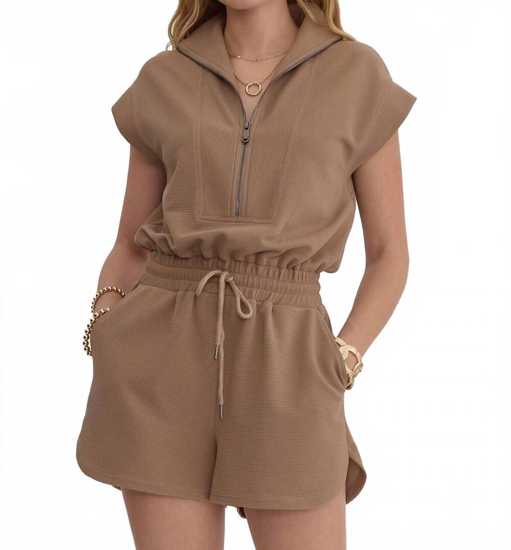 NEW ENTRO women's solid ribbed half zip short sleeve romper in mocha